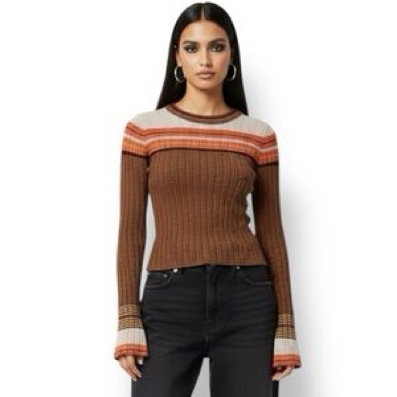 Zara Sweaters - Zara Women’s Brown & Orange & Cream Sparkly Striped Bell Sleeve Knit Sweater
